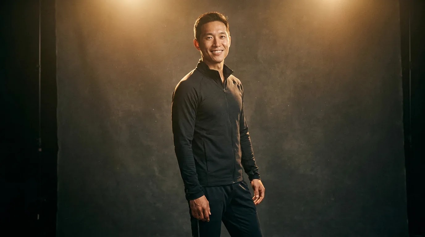 Lean, fit man radiating metabolic vitality in warm gold cinematic light
